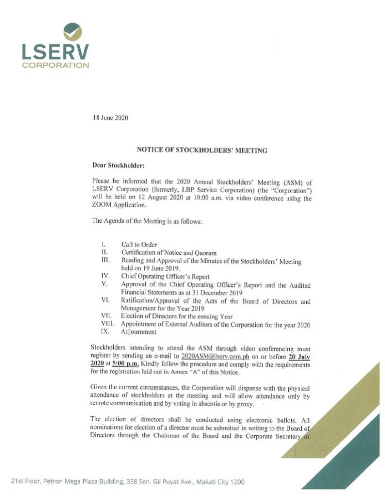 Notice Of Stockholders' Meeting - LSERV Corporation